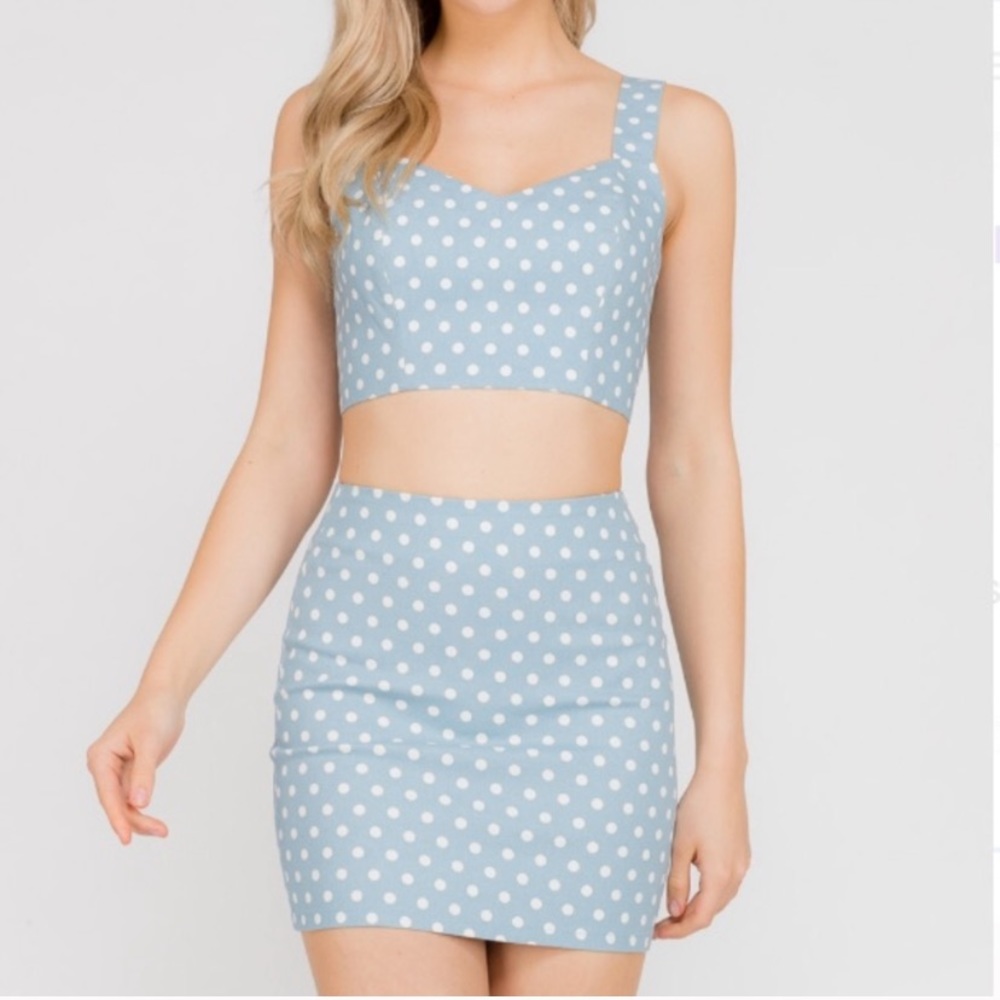 Blue polka dot crop mini two piece summer outfit